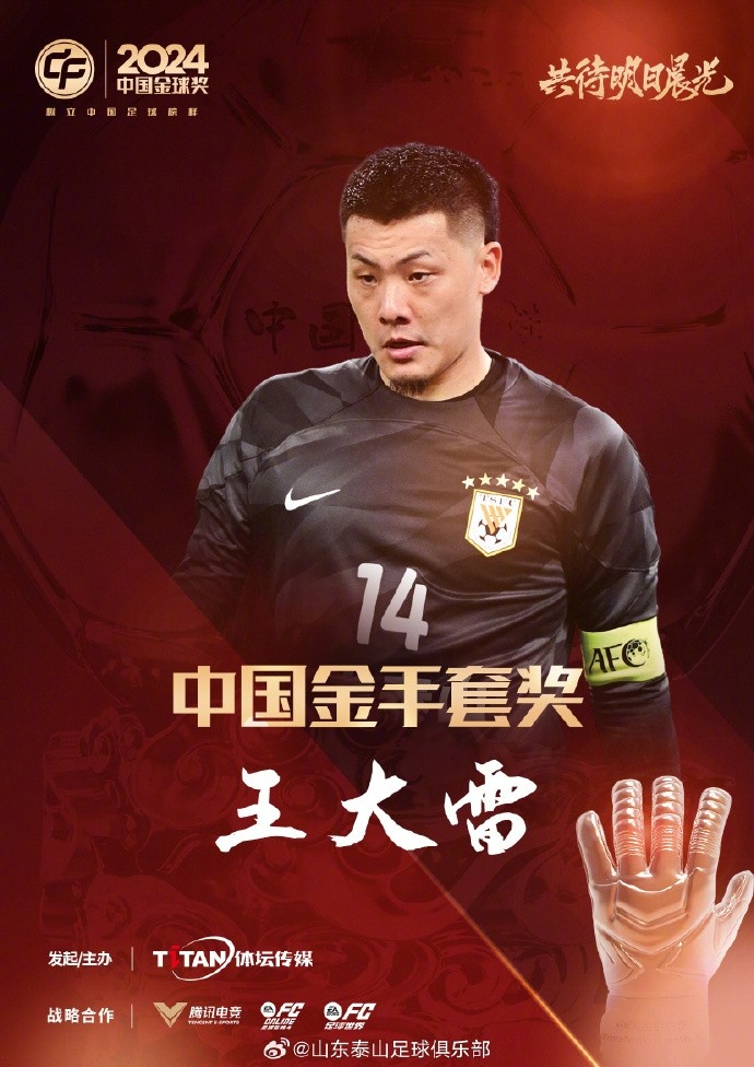  王大雷榮獲中國金手套獎，謝文能入選中國金球獎候選人前三名