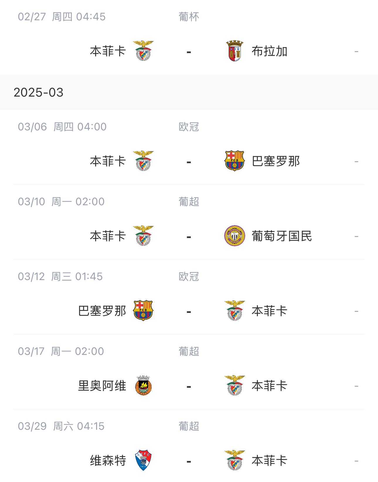  讓路歐冠！本菲卡戰(zhàn)巴薩首回合比賽前的葡超比賽推遲進行